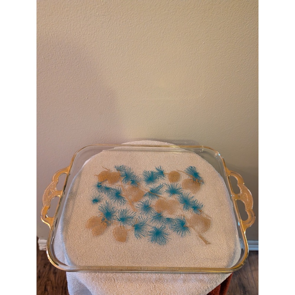 MCM Libbey Glass David Douglas Aqua Gold Pinecone Serving Tray 15"  1960's